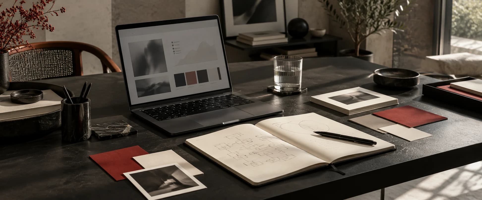 Composição editorial de uma mesa de planejamento com notebook, caderno e materiais de trabalho.